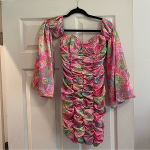 Cider Floral Ruched Off Shoulder Satin Dress, Size M, NWT